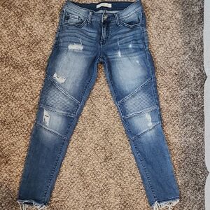 KanCan Blue Skinny Jeans with Distressed Moto Design